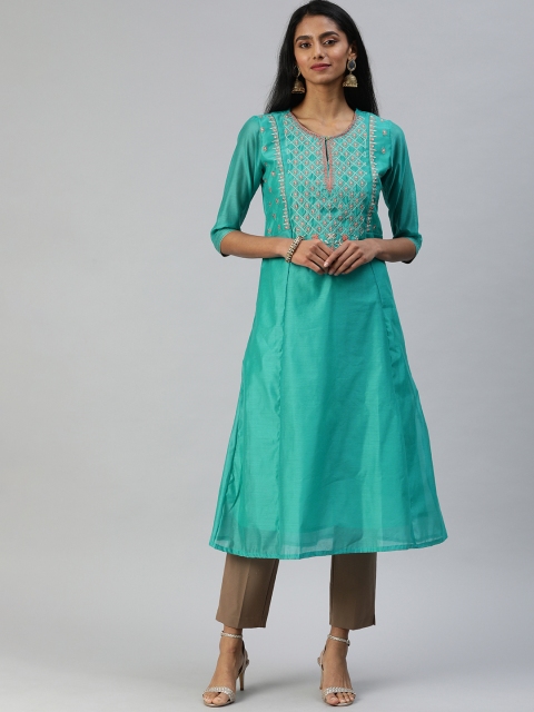 

Alena Women Teal Green Yoke Embroidered Chanderi Silk A-Line Kurta