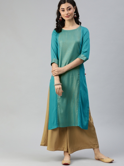 

Alena Women Turquoise Blue & Golden Striped Straight Kurta