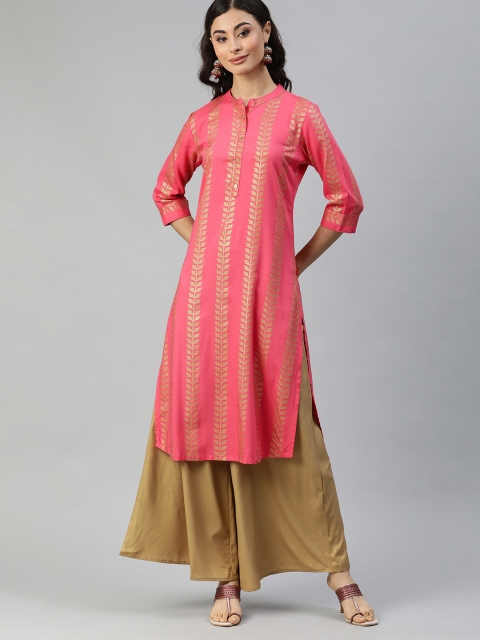 

Alena Women Pink & Gold-Toned Foil Printed Straight Kurta