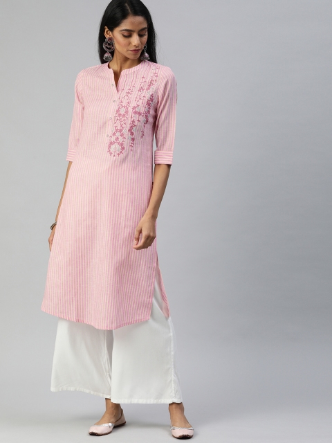 

Alena Women Pink & Yellow Striped Straight Kurta With Embroidery