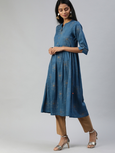 

Alena Women Navy Blue Printed Pleated A-Line Kurta