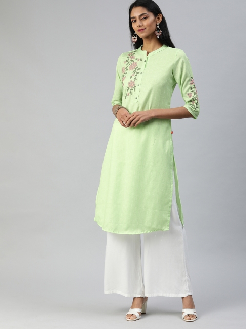 

Alena Women Green Embroidered Straight Kurta