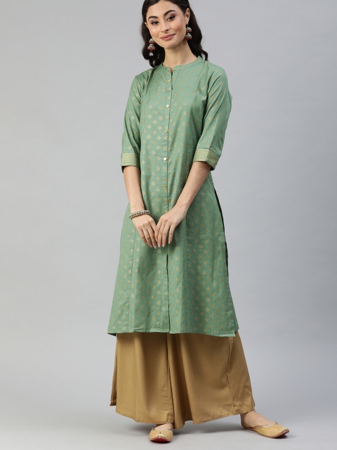 

Alena Women Olive Green & Golden Foil Printed Straight Kurta