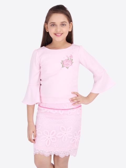 

CUTECUMBER Girls Pink Solid Top with Skirt