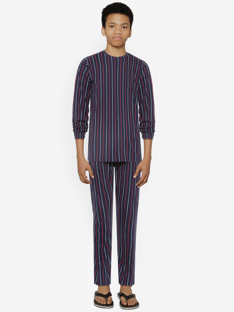 

YK Boys Coral Navy Blue & Grey Striped Pure Cotton Night Suit