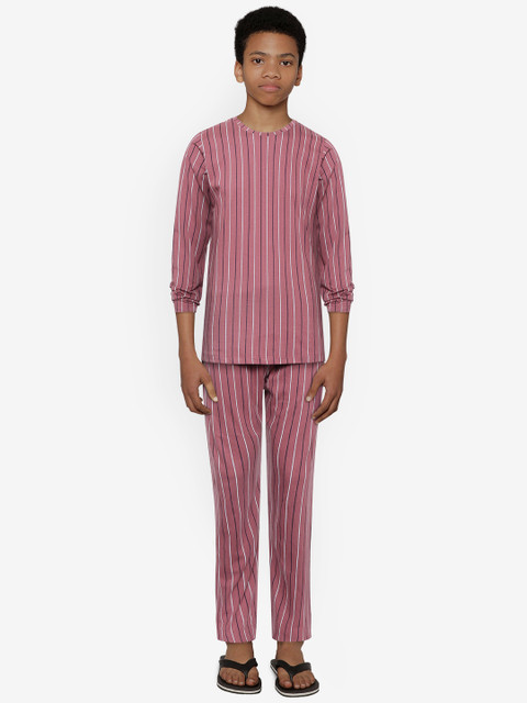 

YK Boys Coral Mauve & Grey Striped Pure Cotton Night Suit
