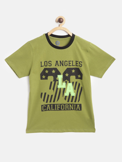 

YK Boys Olive Green & Black Varsity Print Round Neck T-shirt with Applique Detail