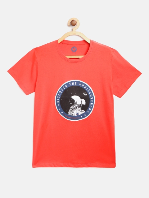 

YK Boys Coral Orange Graphic Printed Round Neck T-shirt