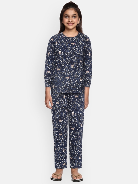 

YK Girls Navy Blue Printed Night Suit