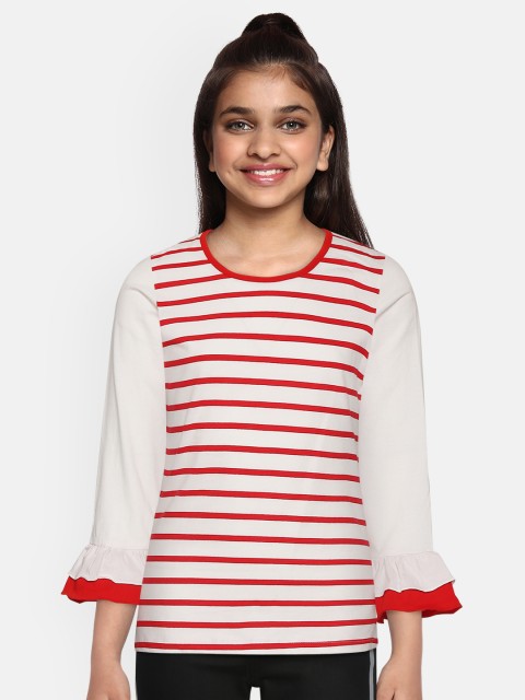 

YK Girls White & Red Striped Bell Sleeves Pure Cotton Regular Top