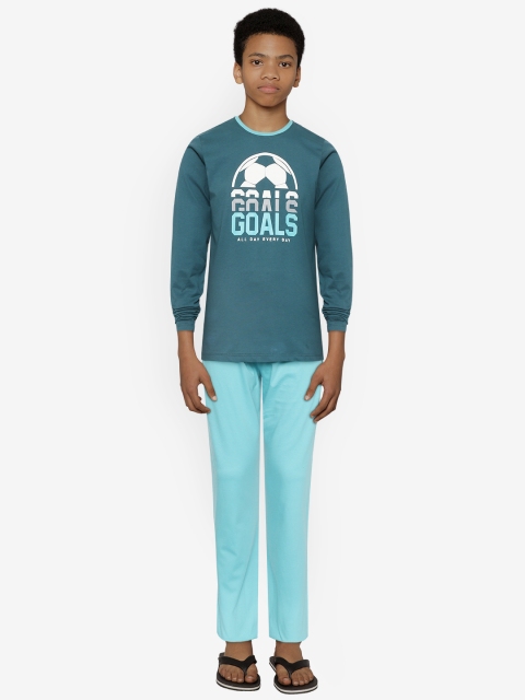 

YK Boys Teal Green & Blue Printed Pure Cotton Night Suit