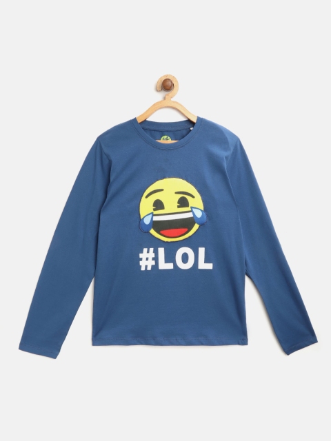 

YK emoji Boys Navy Blue & Yellow Applique Round Neck T-shirt