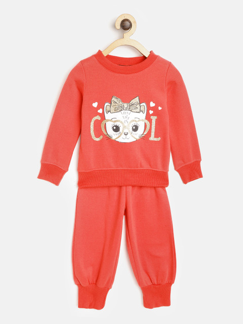 

pspeaches Girls Coral Red & White Printed Tracksuit