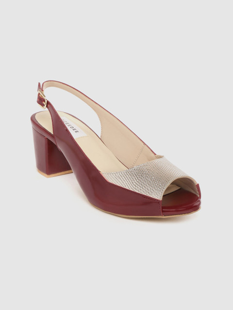 

OCEEDEE Women Gold-Toned & Burgundy Colourblocked Peep Toe Heels Textured Detail