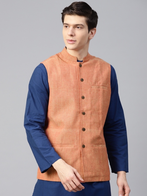 

Fabindia Men Red & Beige Dual-Toned Pure Cotton Nehru Jacket
