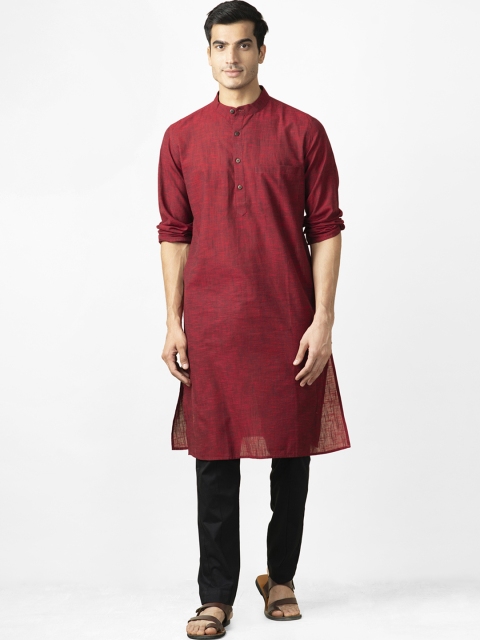 Fabindia Men Maroon Slim Fit Slub Effect Straight Kurta