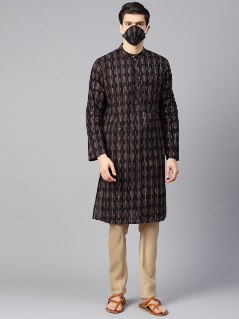

Fabindia Men Black Golden Printed Straight Kurta