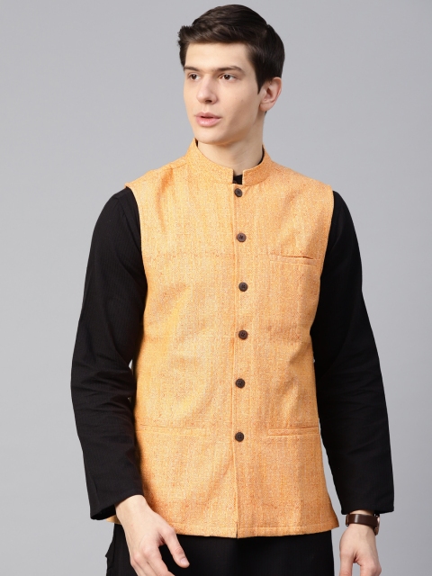 

Fabindia Men Yellow & Orange Handblock Print Pure Cotton Nehru Jacket