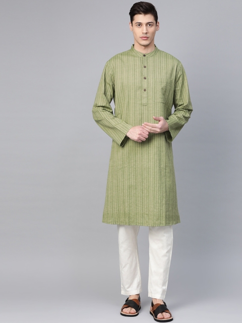 

Fabindia Men Olive Green Striped Pure Cotton Straight Kurta