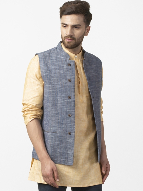 

Fabindia Men Blue & Mustard Yellow Slim Fit Checked Pure Cotton Nehru Jacket