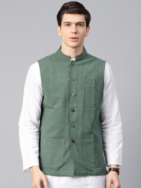 

Fabindia Men Green Solid Pure Cotton Nehru Jacket