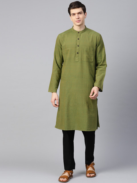 

Fabindia Men Olive Green Solid Handwoven Straight Kurta
