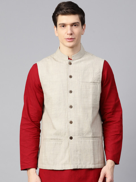 

Fabindia Men Taupe Solid Nehru Jacket