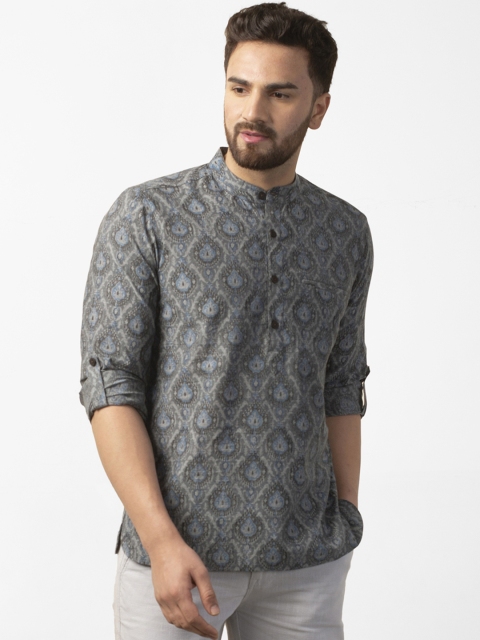 

Fabindia Men Grey & Blue Slim Fit Handblock Print Straight Kurta