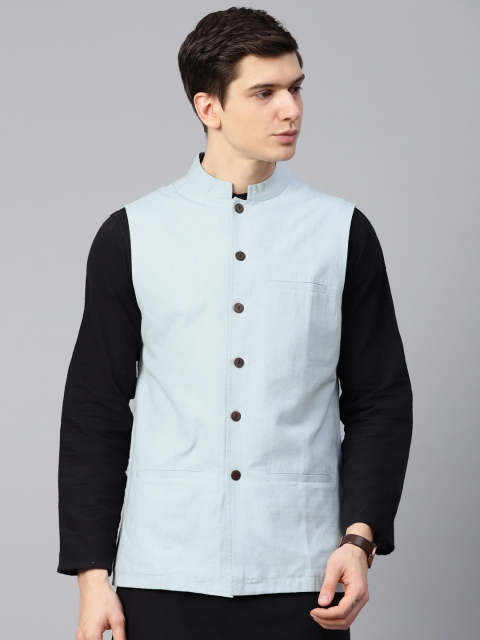 

Fabindia Men Blue Solid Pure Cotton Nehru Jacket