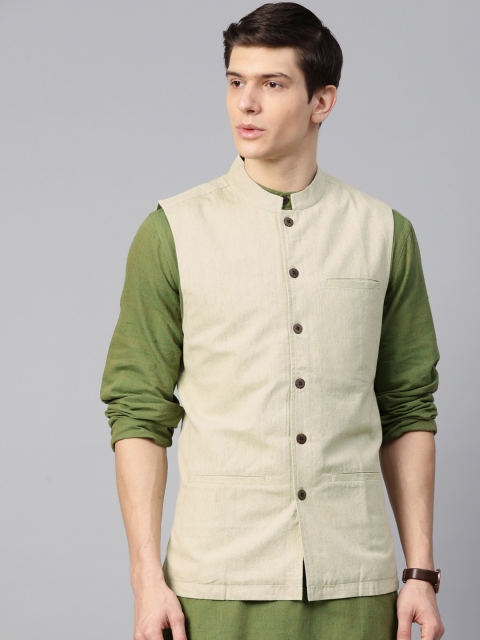 

Fabindia Men Green Solid Nehru Jacket