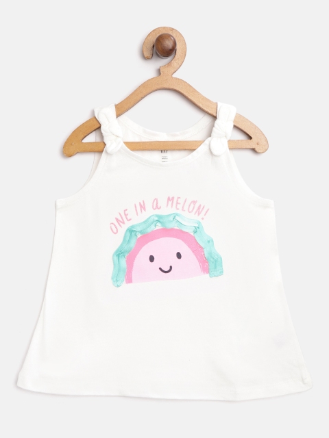 

GAP Girls Off-White & Pink Printed Pure Cotton A-Line Top with Applique Detail