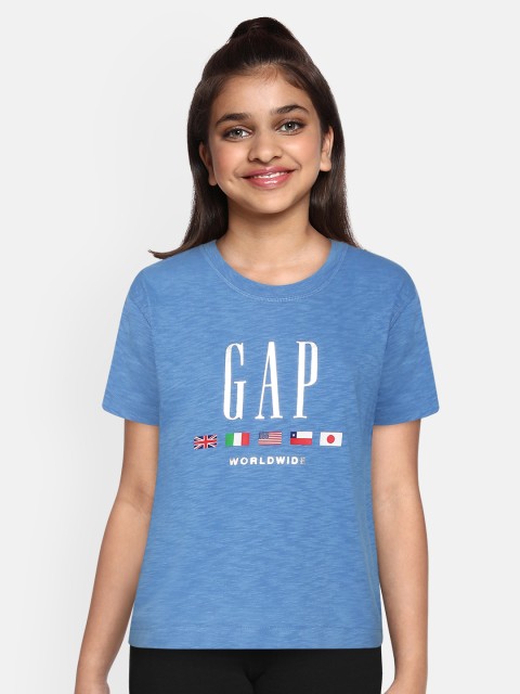 

GAP Girls Blue Brand Logo Print Round Neck Pure Cotton Boxy T-shirt