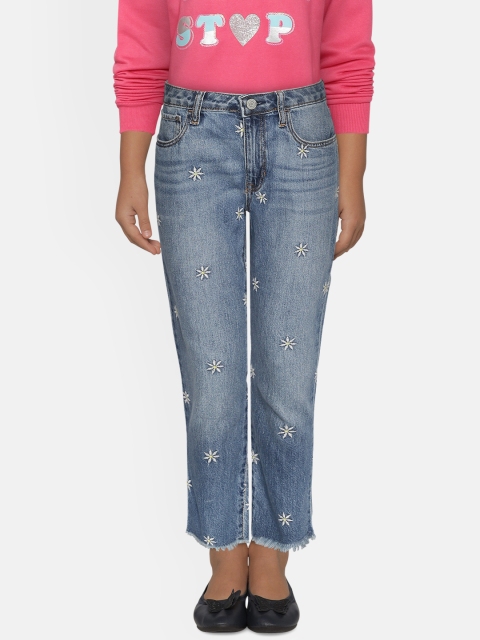 

GAP Girls Blue & White Floral Embroidered Regular Fit Cotton Mid-Rise Clean Look Jeans