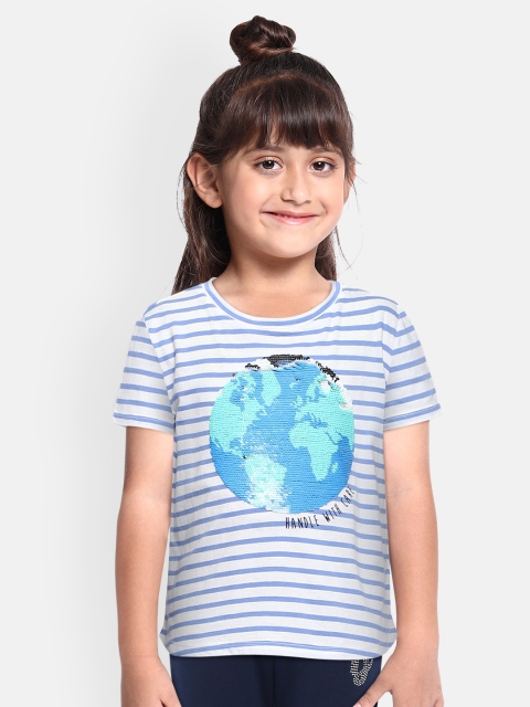

GAP Girls Blue & White Striped Flip Sequin Round Neck T-shirt