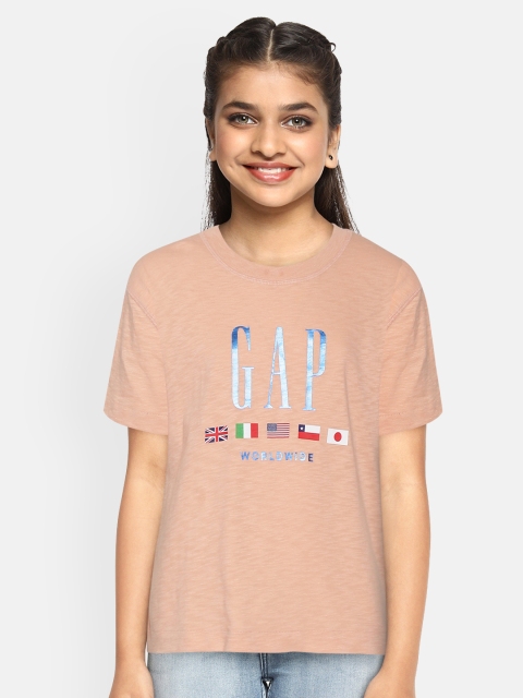 

GAP Girls Peach-Coloured & Blue Brand Logo Print Round Neck Pure Cotton Boxy T-shirt