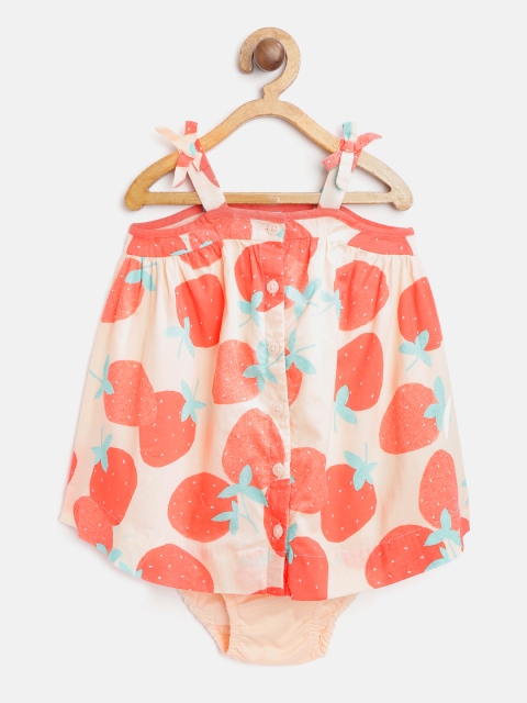 

GAP Infant Girls Peach-Coloured & Green Pure Cotton Strawberry Dress