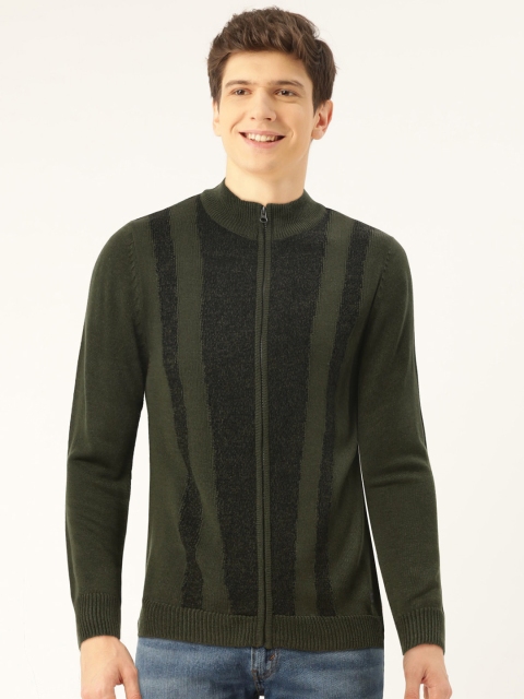 

Flying Machine Men Olive Green Striped Front-Open Sweater