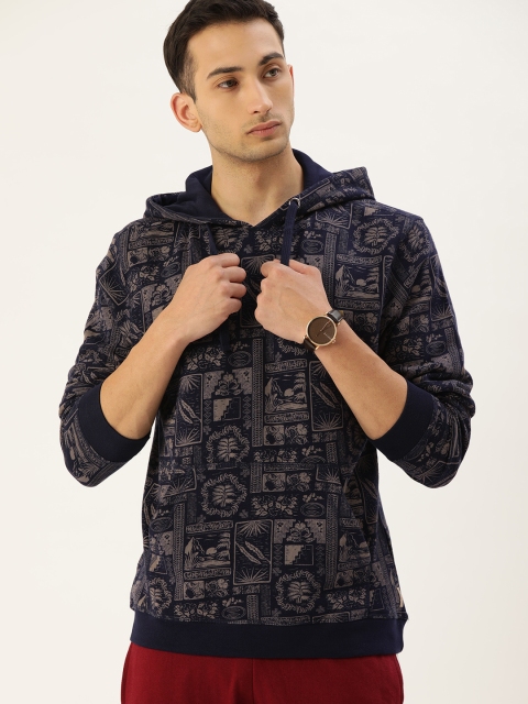 

Flying Machine Men Navy Blue & Grey Printed Hooded Pullover Sweatshirt