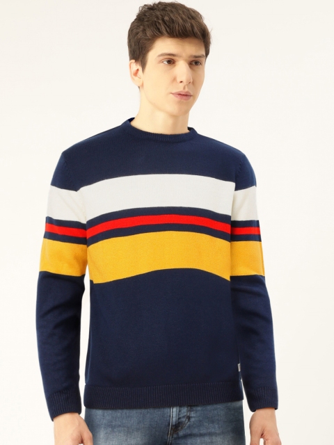 

Flying Machine Men Navy Blue & Mustard Yellow Striped Pullover Sweater