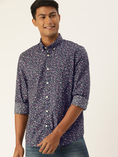 

GAP Men Navy Blue & Pink Untucked Fit Floral Printed Casual Shirt