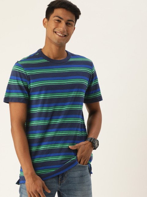 

GAP Men Navy Blue & Green Striped Round Neck T-shirt
