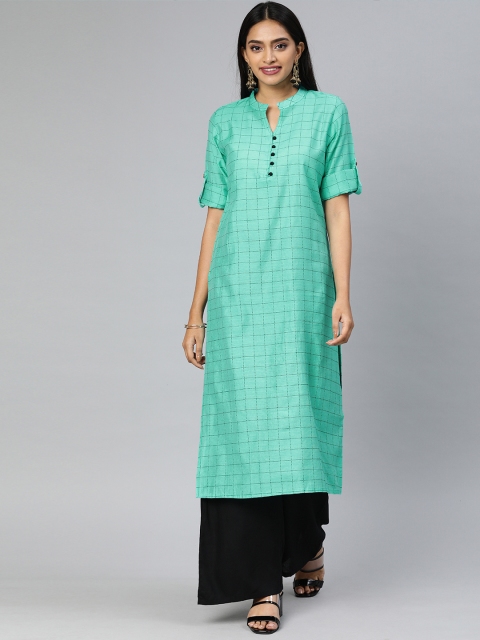 

Swishchick Women Turquoise Blue & Black Checked Straight Kurta