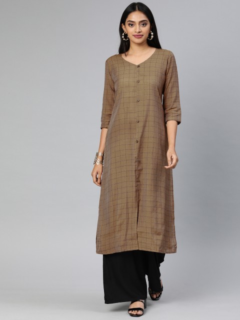 

Swishchick Women Coffee Brown Checked Straight Kurta