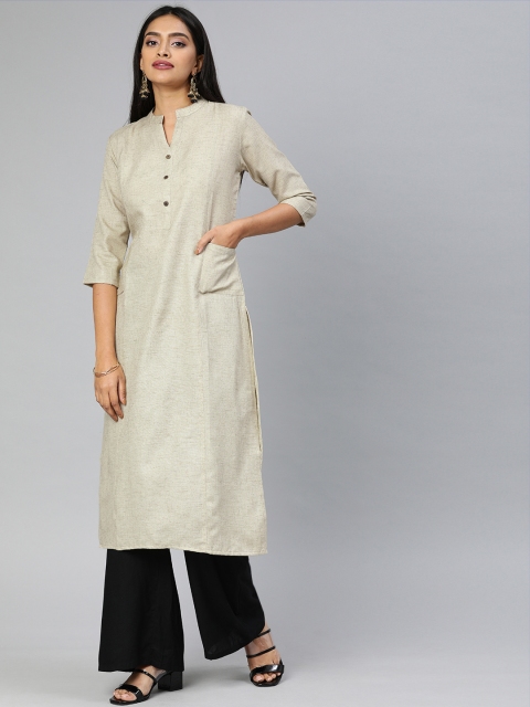 

Swishchick Women Beige Solid Straight Kurta with Pocket