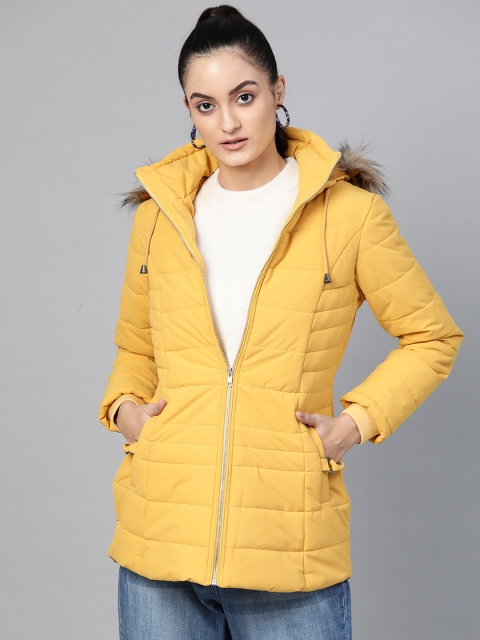 

Fort Collins Women Mustard Yellow Solid Hooded Longline Parka Jacket