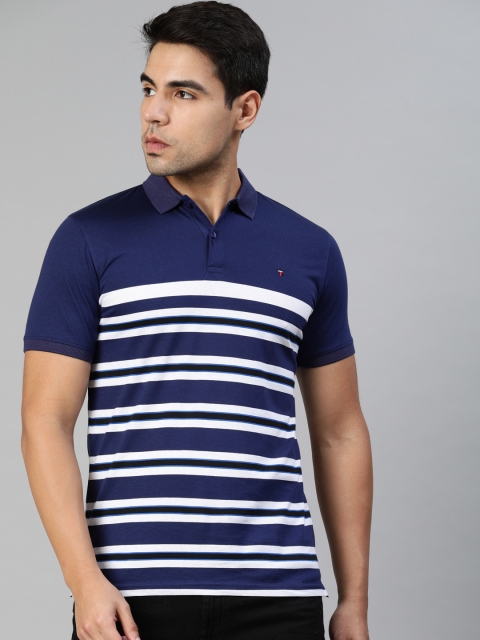 

Louis Philippe Sport Men Navy Blue Striped Polo Collar T-shirt
