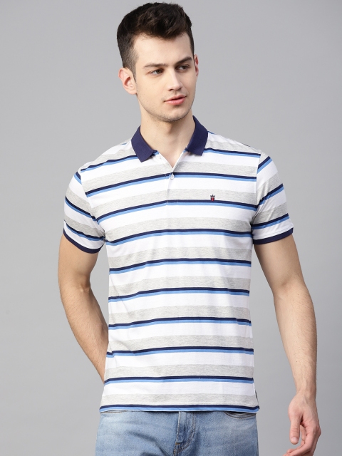 

Louis Philippe Sport Men White & Blue Striped Polo Collar T-shirt