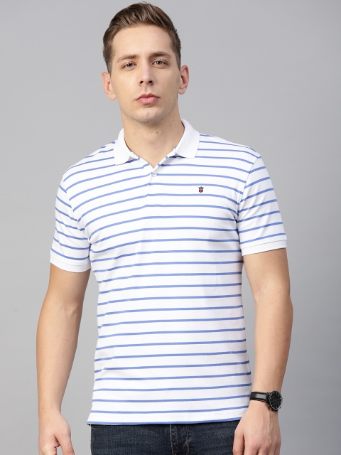 

Louis Philippe Sport Men White & Blue Striped Polo Collar T-shirt