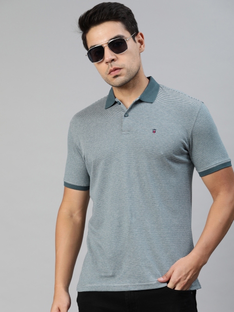

Louis Philippe Sport Men Grey & Teal Blue Striped Polo Collar T-shirt