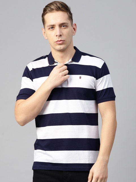 

Louis Philippe Sport Men Navy White Striped Polo Collar Pure Cotton T-shirt, Navy blue